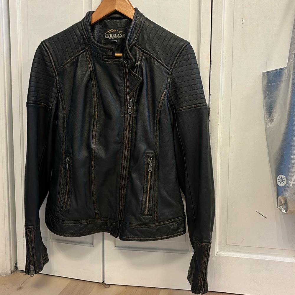 Overland leather motto jacket black womens size medium